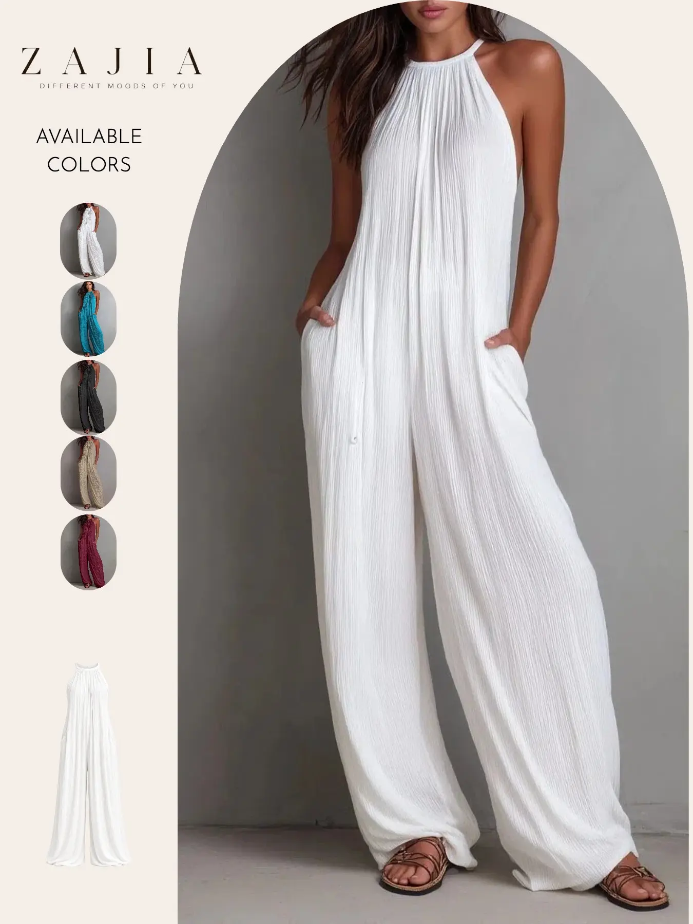 Breathable Lightweight Crinkled Halter Wide Leg Jumpsuit, Comfortable Pockets Design, Ideal for Summer Vacations, Beach & Casual Wear