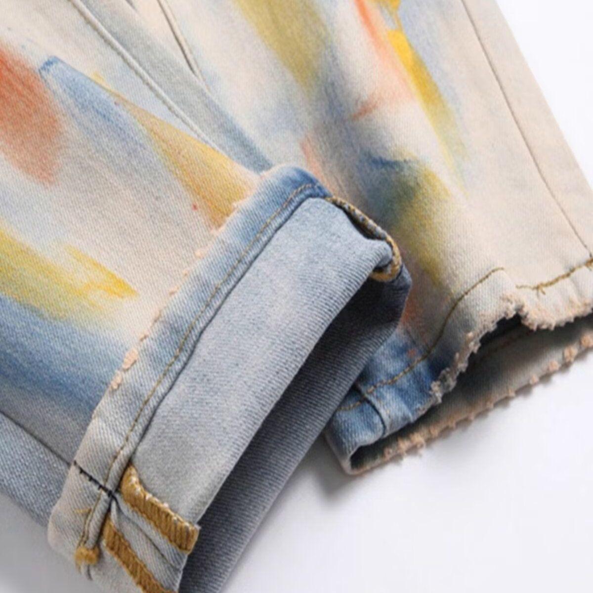 YYK Brand: Street-Style Distressed, Skinny-Fit Stretch Jeans-Featuring Patches, Embroidery, and a Vintage Denim Aesthetic-Showcasing Casual and Fitness-Inspired Styling