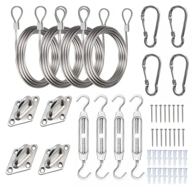 48-Piece Sunshade Hardware Kit, Triangle and Square Canopy Fixing Accessories Set, Outdoor Use, Includes Screws, Spring Hooks, Eye Pads, PVC Coated Steel Wire, Nails