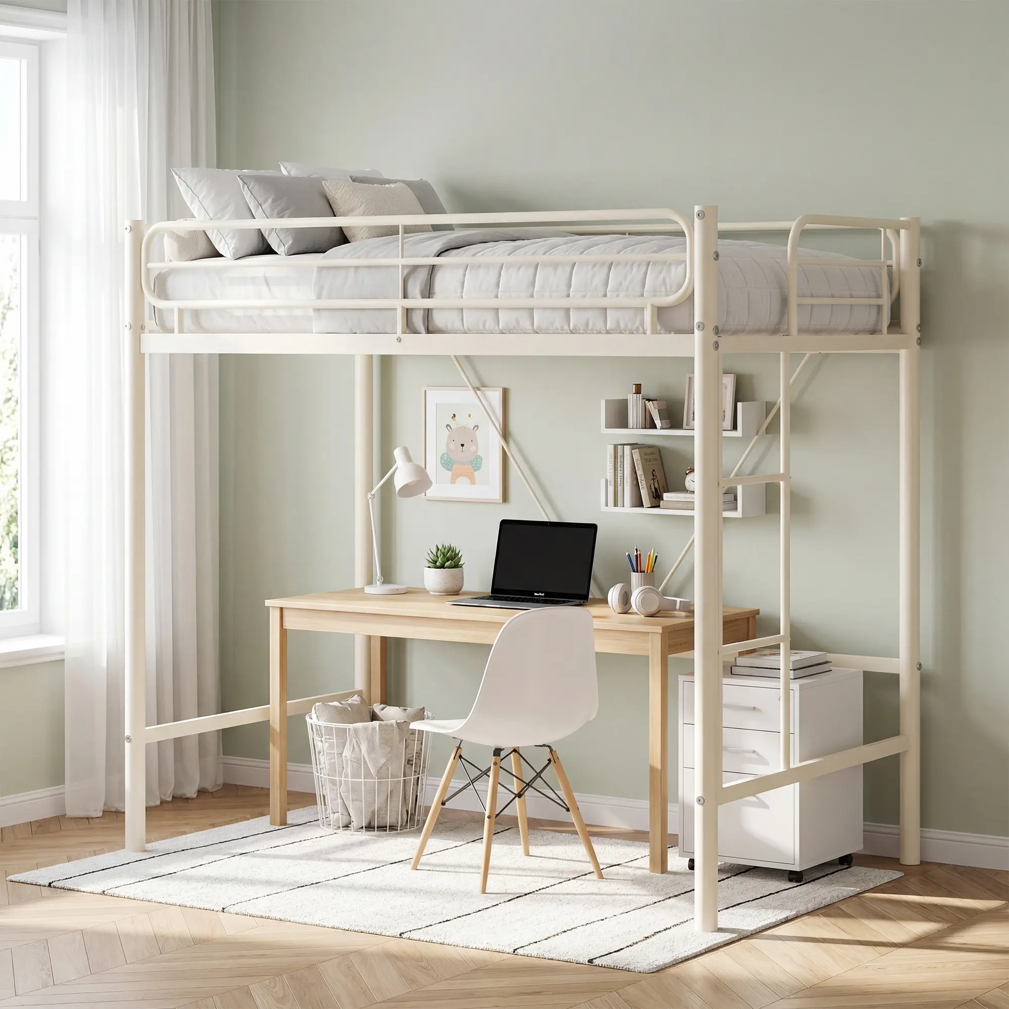 Twin Loft Bed with Desk for Kids & Teens, Metal Frame with 11.7" Guardrail, Underbed Study Space, 450 lbs Capacity, No Box Spring