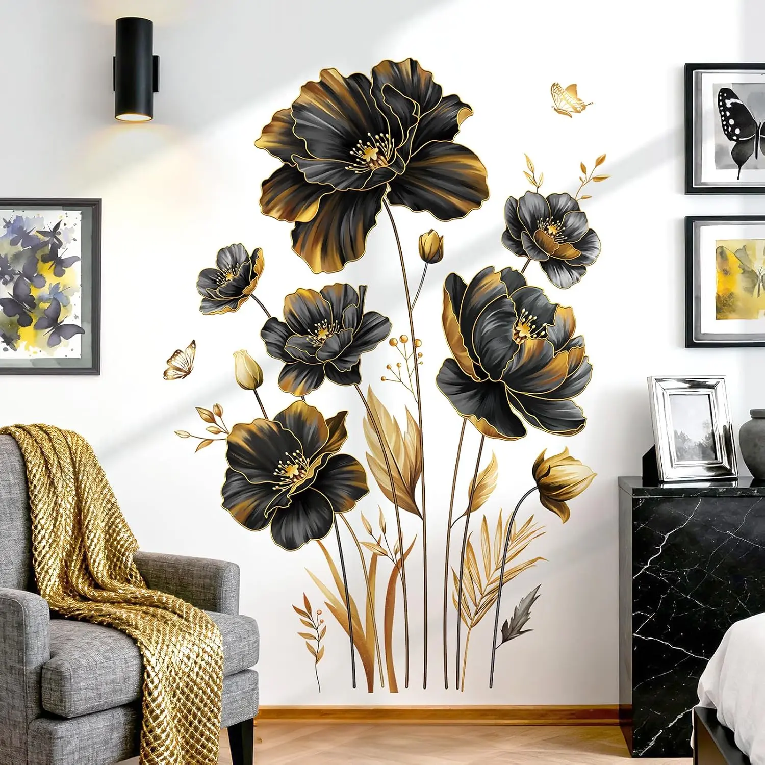 Black  Flower Leaves  Floral Wall  Stickers