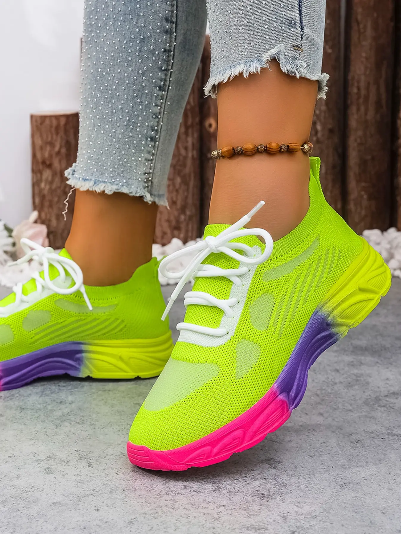 Dopamine Gradient Flyknit Sneakers, Hollow Out Breathable Thick Sole Running Shoes, casual jogging shoes, Spring Summer Outdoor Fitness Casual Women's Shoes, Bright Colors, Knitted Running Shoes