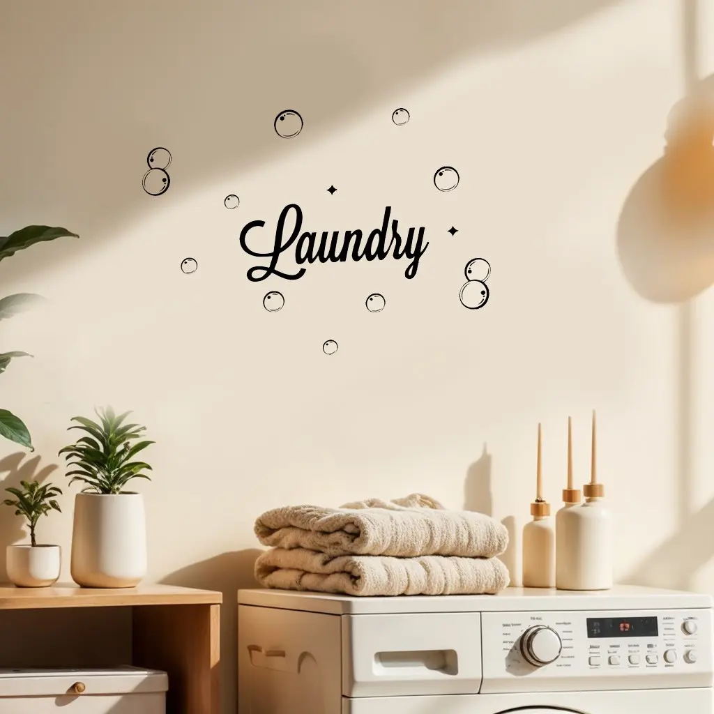 1pc modern self-adhesive wall stickers, Decoration items, with semi-matte polyvinyl chloride patterns, "Laundry Room" letters and bubble themes, detachable laundry room wall stickers, suitable for home decoration
