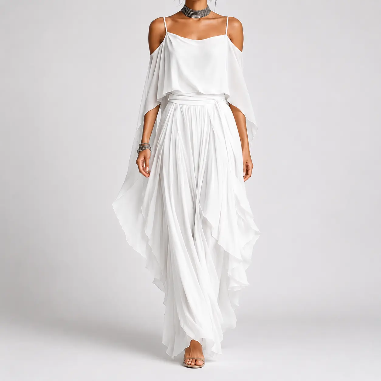 Drapey Chiffon Off-Shoulder Camisole Set with Asymmetric Layered Wide-Leg Trousers – Versatile Style for Work, Commuting, and Casual Wear