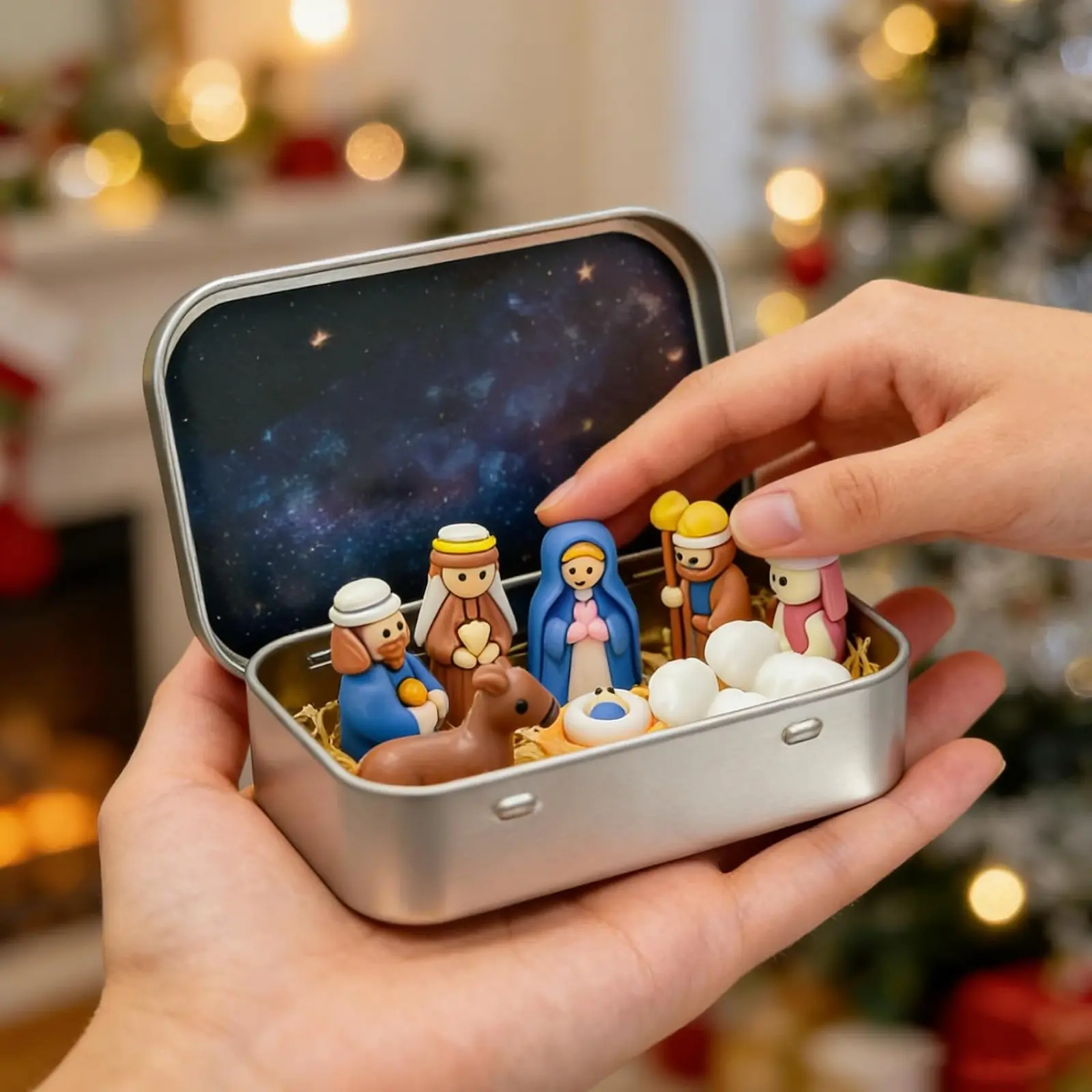 Mini Christmas Nativity Set in a Tin Box, Little People Sets Christmas Decorations, Nativity Sets & Figures Miniature, Small Scene for Indoor Tabletop Decor Gift