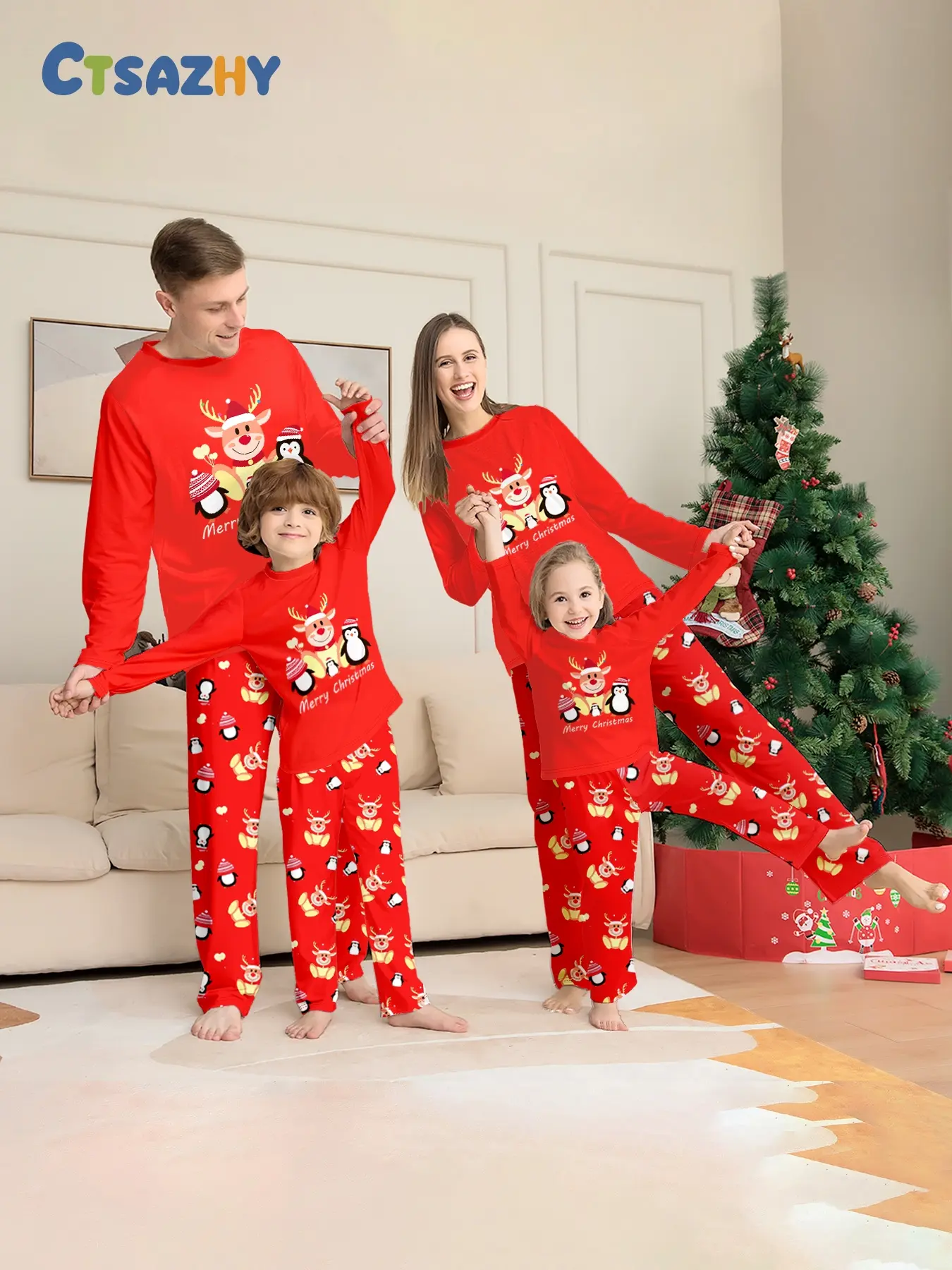 Family Christmas Pajama Set, Cute Reindeer Penguin Cartoon Print, Loose-Fit Long Pants, Adult & Kids, Fall Winter Home Wear