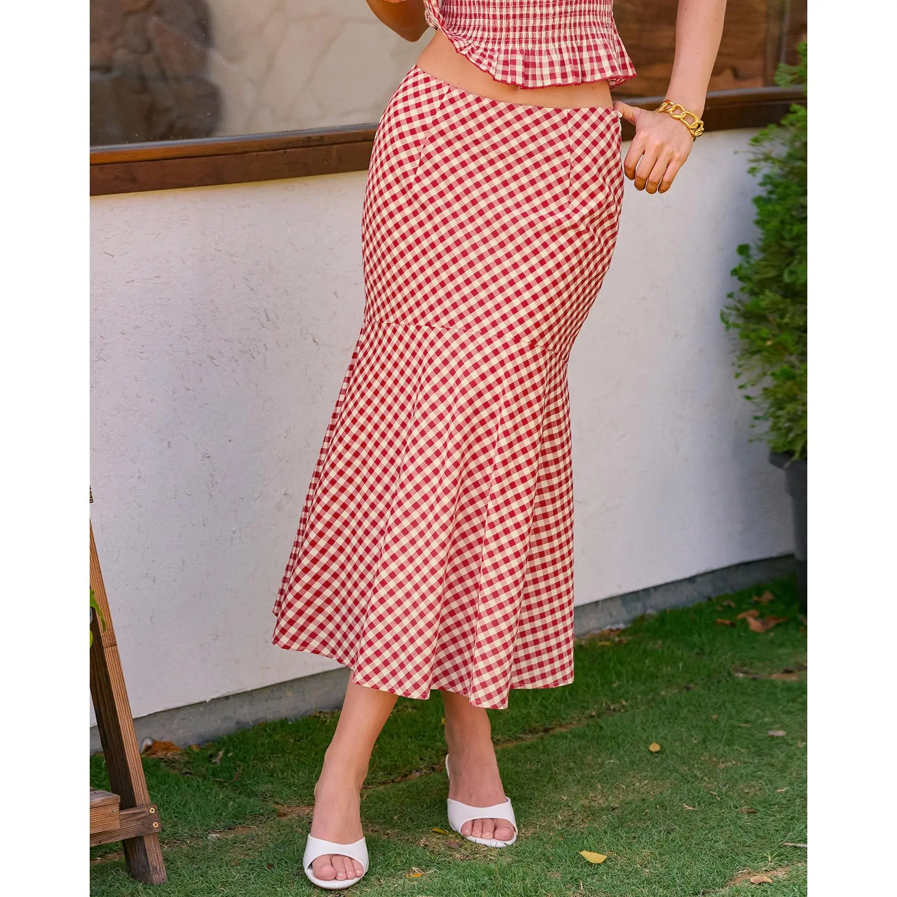 Red Plaid Mermaid Midi Skirt
