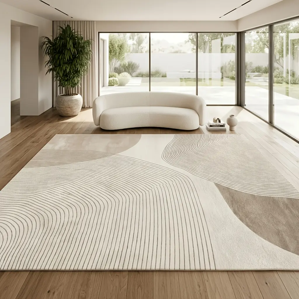 Veluma Modern Abstract Beige Curved Line Rug Suitable for Living Room, Bedroom, Office - Machine Washable Low-Pile with TPR Non-Slip Backing, Foldable Soft Mat, Minimalist Neutral for Spaces & Modern Decor