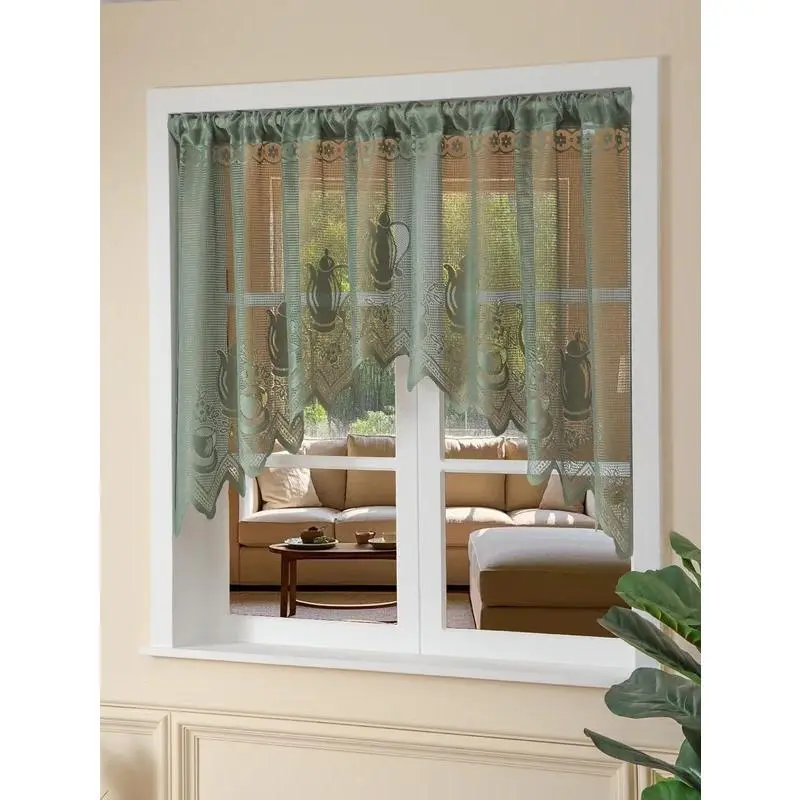 French Lace Half Curtains - Plain Curved Shape Window Covering, No-Punch Blockout Short Curtains for Bedroom/Kitchen