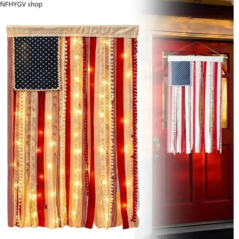 Vintage Handmade Rag Banner Equipped With Built-In LED String Lights, Rustic Lightweight Hanging Fabric Flag, Versatile Holiday Ornament Suitable For 4th Of July Independence Day Front Porch Displays, Indoor Wall Arrangements