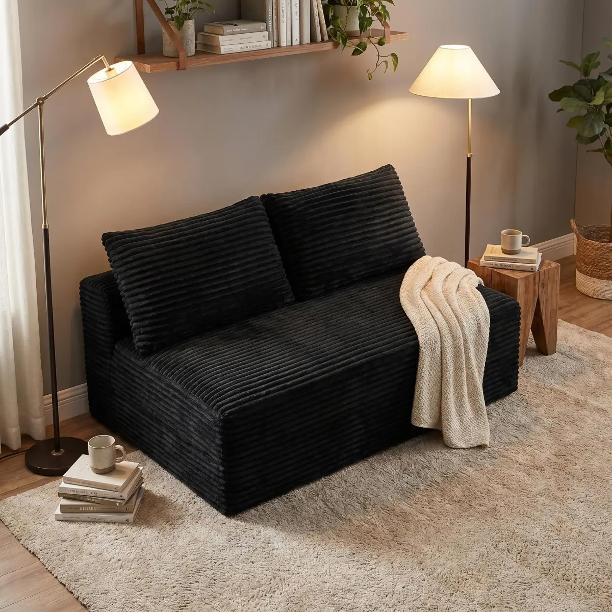 [Fahuac] 57-Inch Midcentury Modern Armless 2-Seat Corduroy Comfy Loveseat - No-Legs Ground-Hugger Low-Profile Modular Sectional Couch, Space-Saving Small House Design Furniture for Living Rooms, Black