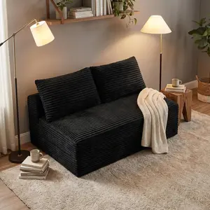 Black Corduroy Ground-Hugging Compressed Loveseat - Armless, No-Legs 2-Seater Sofa Furniture for Living Room, Small Apartment