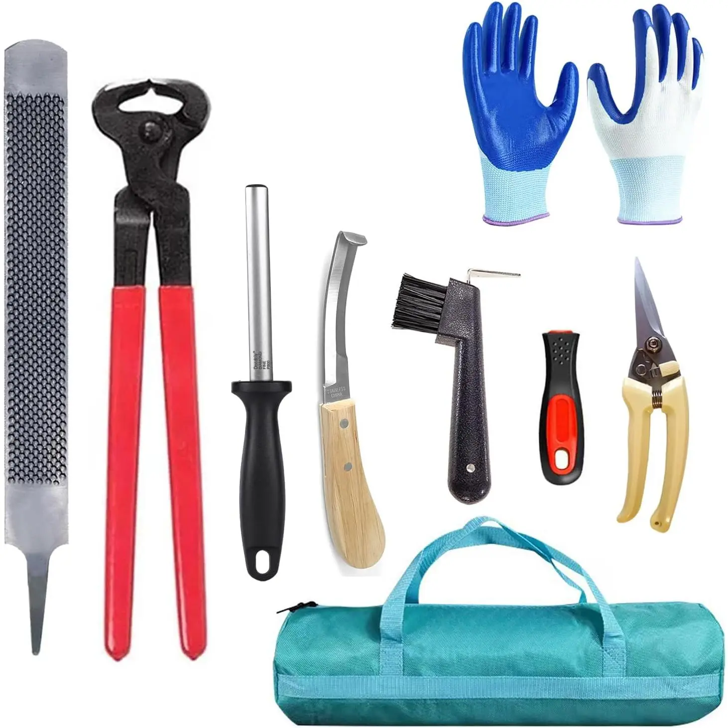 8 Piece Farrier Tool Kit, 14 Inch Horse Hoof Trimming Tools Include Hoof Knife, Hoof Nippers, Hoof Rasp, Hoof Pick, Hoof Knife Sharpener, Gloves and Bag