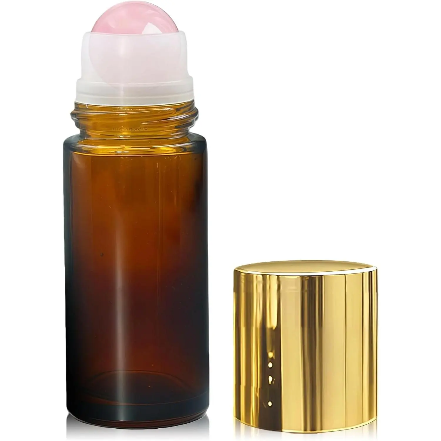 Rose Quartz Roller Bottles for Essential Oils, 50ml Refillable Amber Glass Roll On Bottles with Natural Crystal Roller Balls, Leak-Proof Travel Perfume Bottle with Gold CapsGift