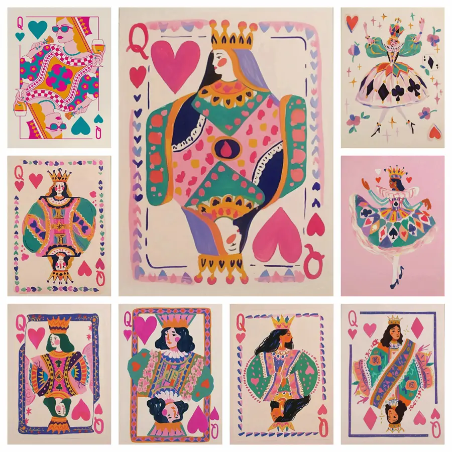 5D DIY Diamond Painting Kit Colorful Queen of Hearts Poker Card Art Pattern, Full Round & Square Drill Rhinestone Mosaic Cross Stitch Craft Kit, Handmade Ornament Wall Art Home Decor Gift for Living Room Bedroom