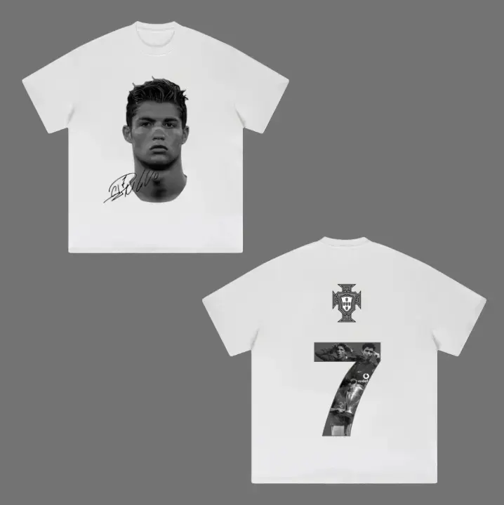 Women's Cotton Round Neck Short-Sleeve Casual Big Head Ronaldo 2-Sided Vintage Graphic Top, Unisex Soccer Streetwear Top, Shortsleeve, All Over Print