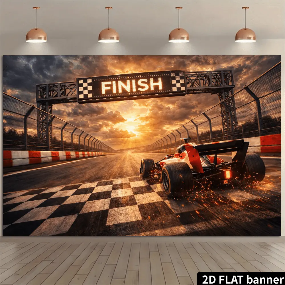 2D Digitally Printed Polyester Indoor HD Banner Backdrop - Racing Track Finish Line Race Car Prints, Soft Lightweight Foldable Cloth for Product Photography, Video Studio Decor