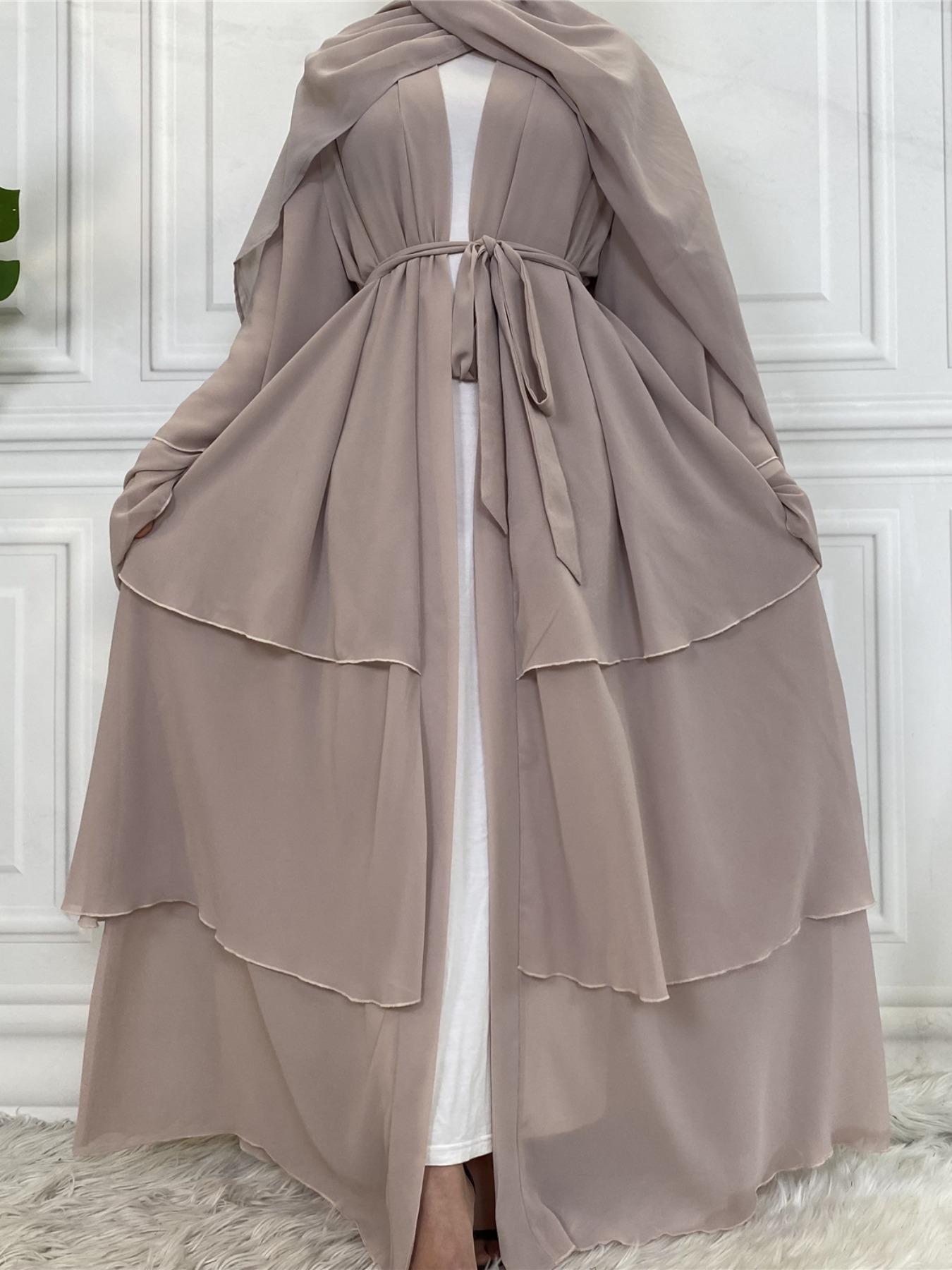 Spring Summer High-Quality Chiffon 3-Layer Eid Abaya with Belt, Casual Party Dress, Comfortable Breathable Fabric, Perfect for Weddings