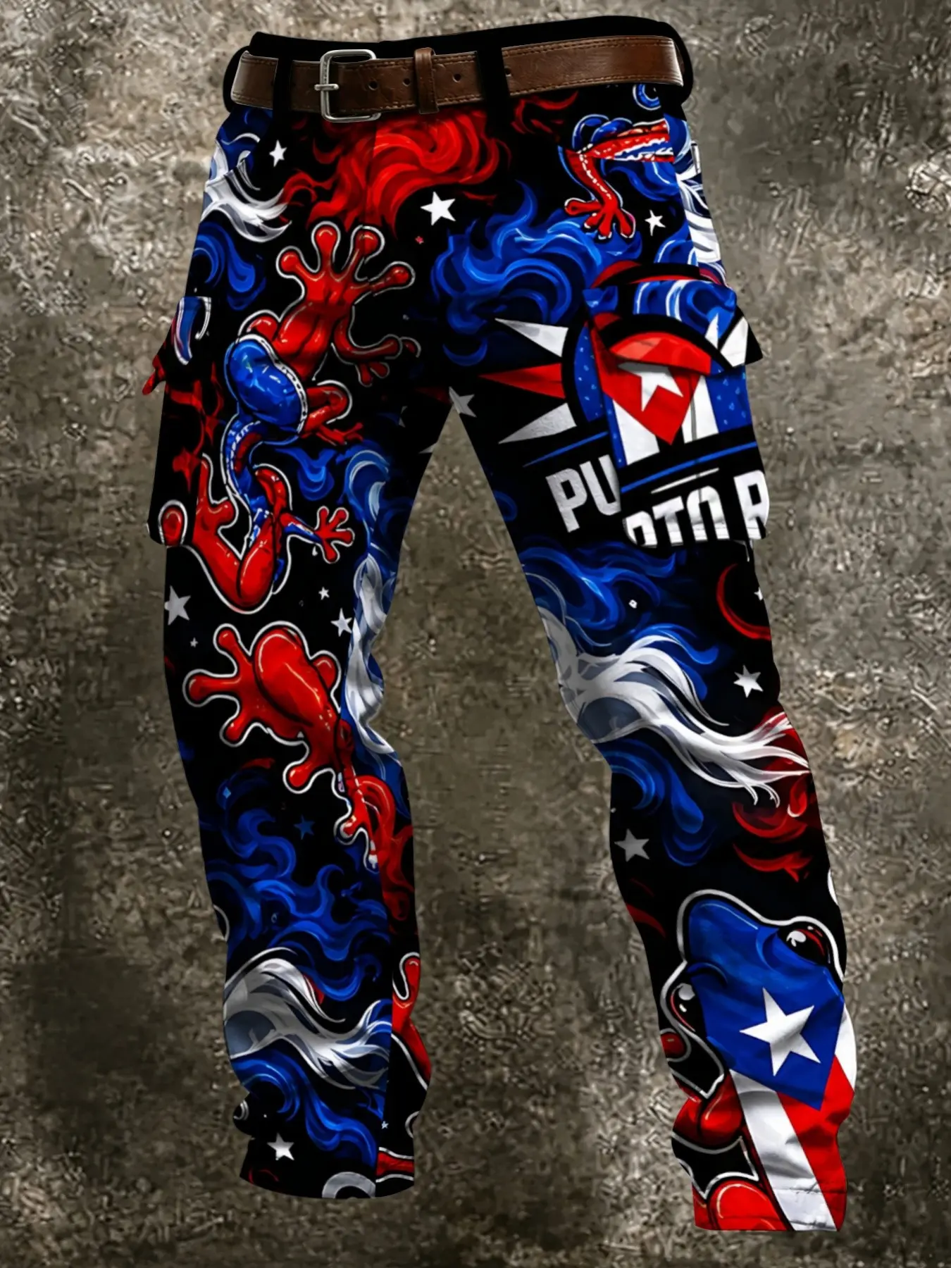 Men's Ethnic Style Work Pants, Base Blue Swirl Pattern, Flag and Tree Frog Print, Large Pockets, Casual Fall & Winter Wear