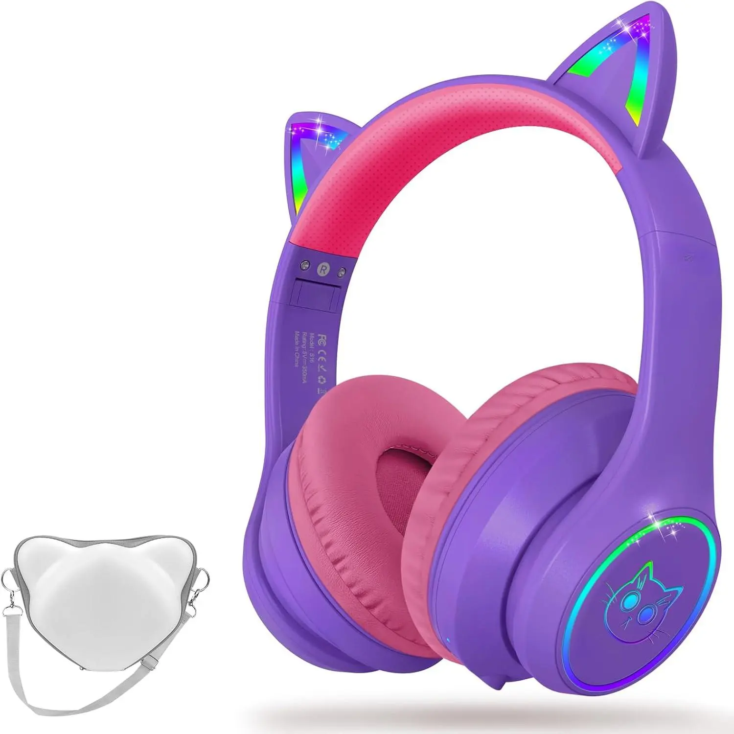 Bluetooth 5.4 Headset with Sponge Pads, RGB LED Cat Ears, Protective Case - Foldable Adjustable Over Ear Device with Noise Reduction, Wireless or 3.5mm Wired Connection for Kids Teens