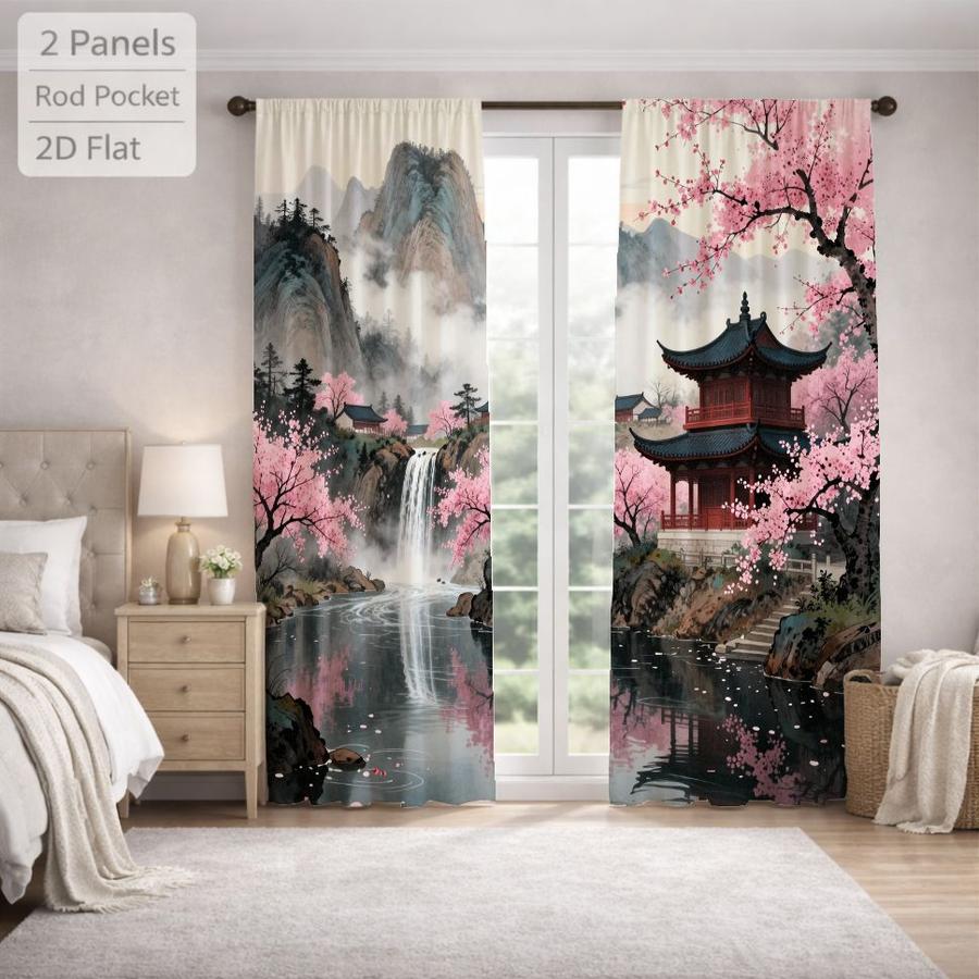 2Pcs Traditional Chinese Landscape Pagoda Cherry Blossom Waterfall Pattern Curtains Digital Printed Rod Pocket, Window Treatment For Bedroom Office Kitchen Living Room Study Home Decor