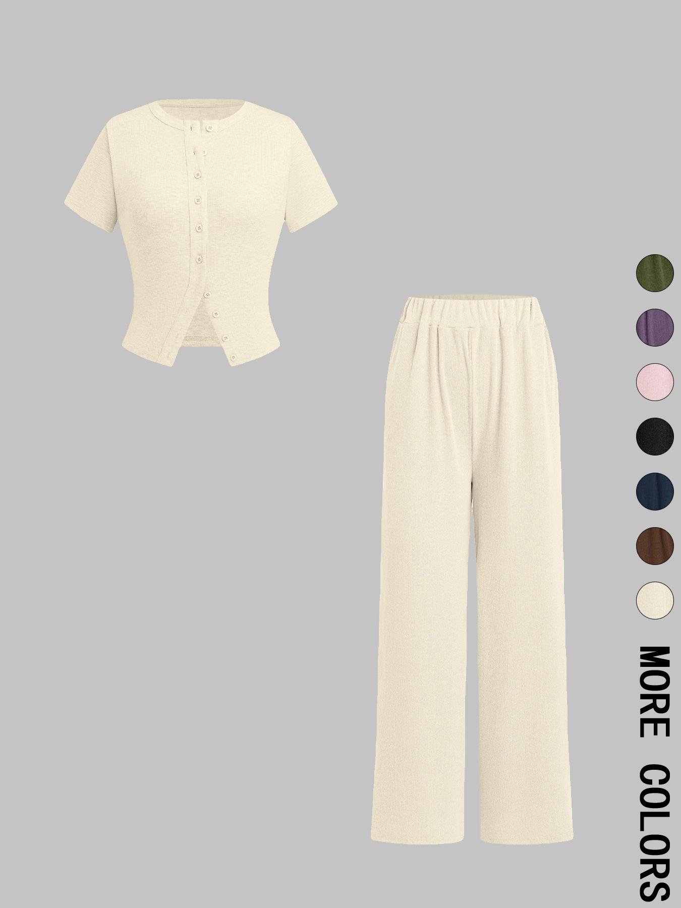 Two-piece Set Women's Solid Color Top & Wide Leg Pants, Casual Basic Comfy Round Neck Top & Trousers for Daily Wear, Ladies Two-piece Outfits for All Seasons, Clothes,Airport Outfit