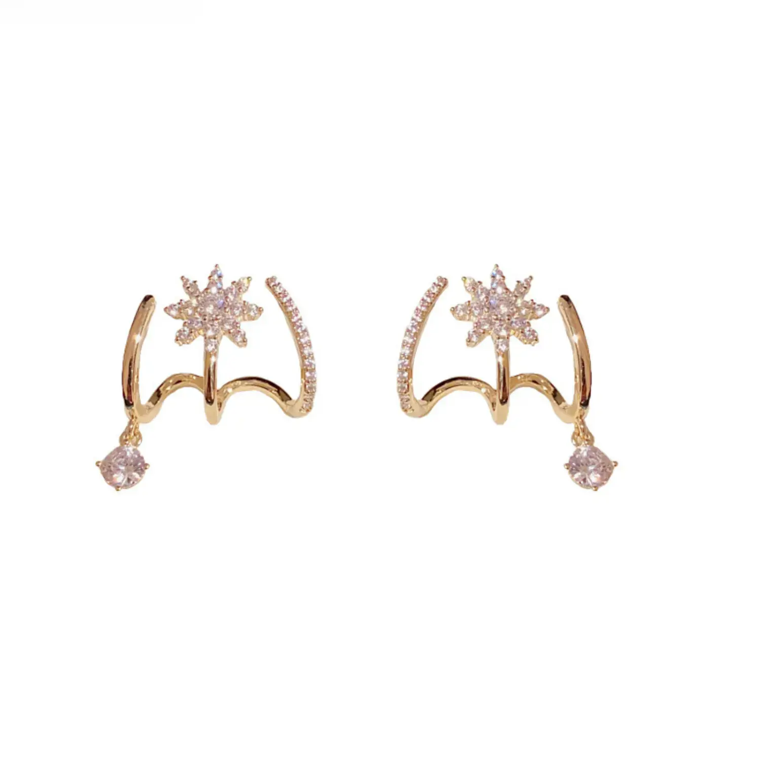Women's Sparkling Claw Earrings with Cubic Zirconia Star Motif - Gold-Tone Starburst Design for Secure Wear, Versatile for Sports and Day-to-Night, Day-Night, Female