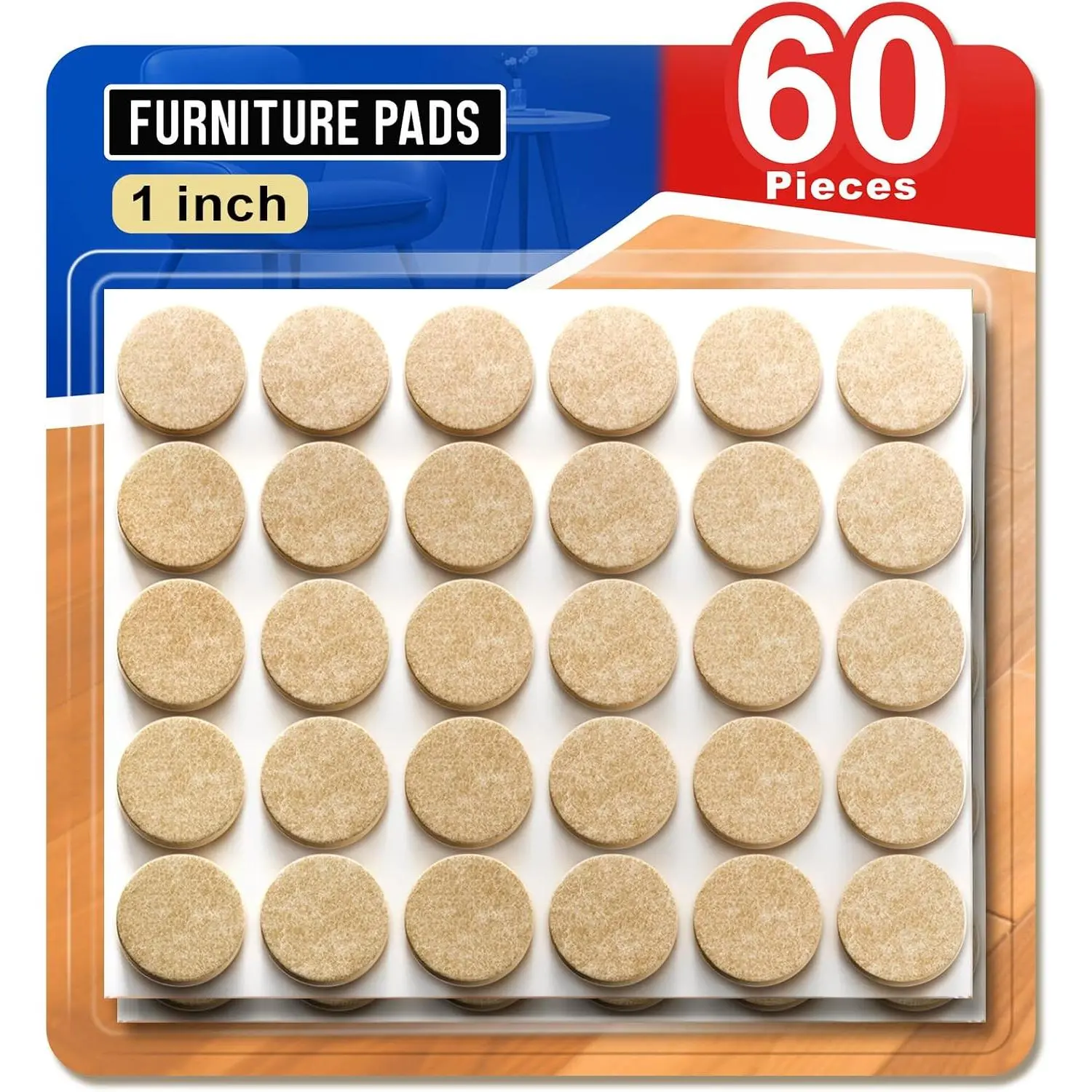 60 count Felt Furniture Pads 1", Felt Pads for Chair  Floor Protectors for Hardwood Floors Round (Beige)