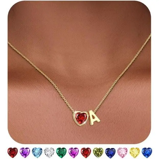 Birthstone Initial Necklace for Women Girls, 14K Gold Plated Heart Letter A-Z Necklace, Trendy Birthday Jewelry Gifts for Women Girls Daughter