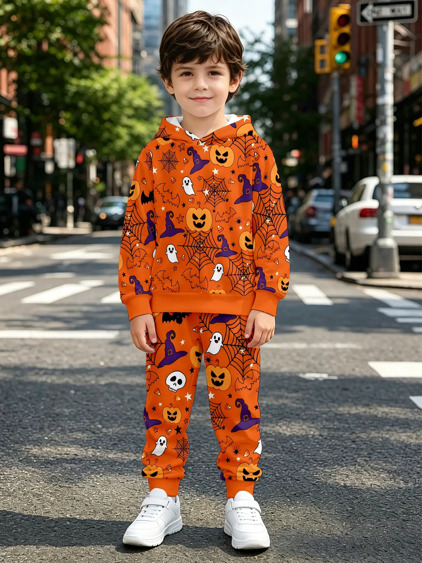 Halloween Theme Hoodie Set for Boys Ages 1-14, Full Print Pumpkin Ghost Spider Web Pattern, Soft Comfortable Fabric, Perfect Gift for Holidays and Birthdays