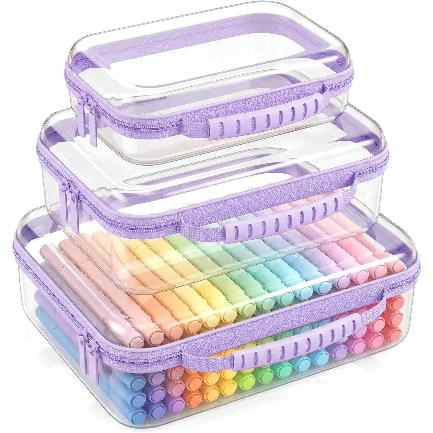 Large Toy Storage Bags with Handle,Clear Hard Shell Zipper Case, 3 Pcs Travel Toiletry Bag,Waterproof toys storage and Organizer Bags for Puzzles,Diapers,Cosmetics,Reusable Organizer Pouch (Purple1)