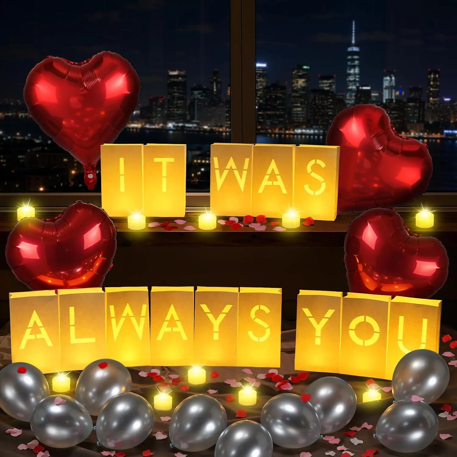 IT WAS ALWAYS YOU Light Up Letters with 30 count 6H  Lights Candles & Balloon & 2000 Rose Petals, Luminary Bags Engagement Party Decorations & Anniversary Decorations Ideal  for Men&Women