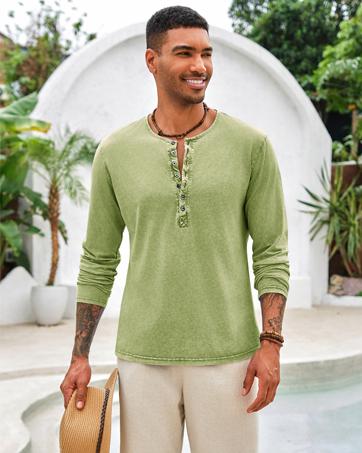 Beotyshow Mens Distressed Henley Shirts Retro Long Sleeve Tee Shirts Casual Button Down Washed T-Shirts for Men Cotton Menswear