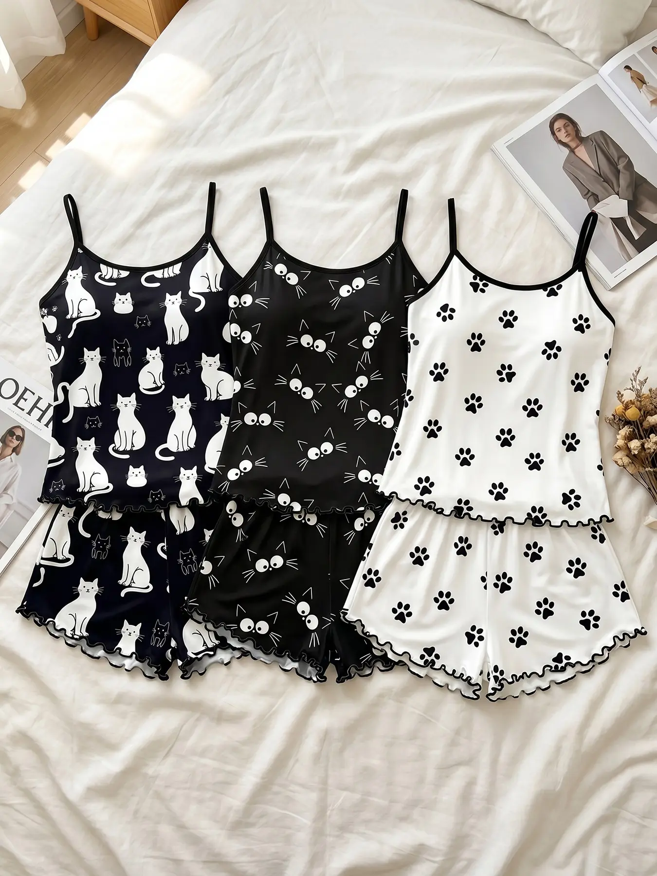 Women's 3 Piece Spaghetti Strap Cami Top and Shorts Pajama Sets, All Season Wear, Cat Paw Cartoon Cat Print Ruffle Hem, Cat Aesthetic Style, Loose Fit Breathable for Home & Casual Wear