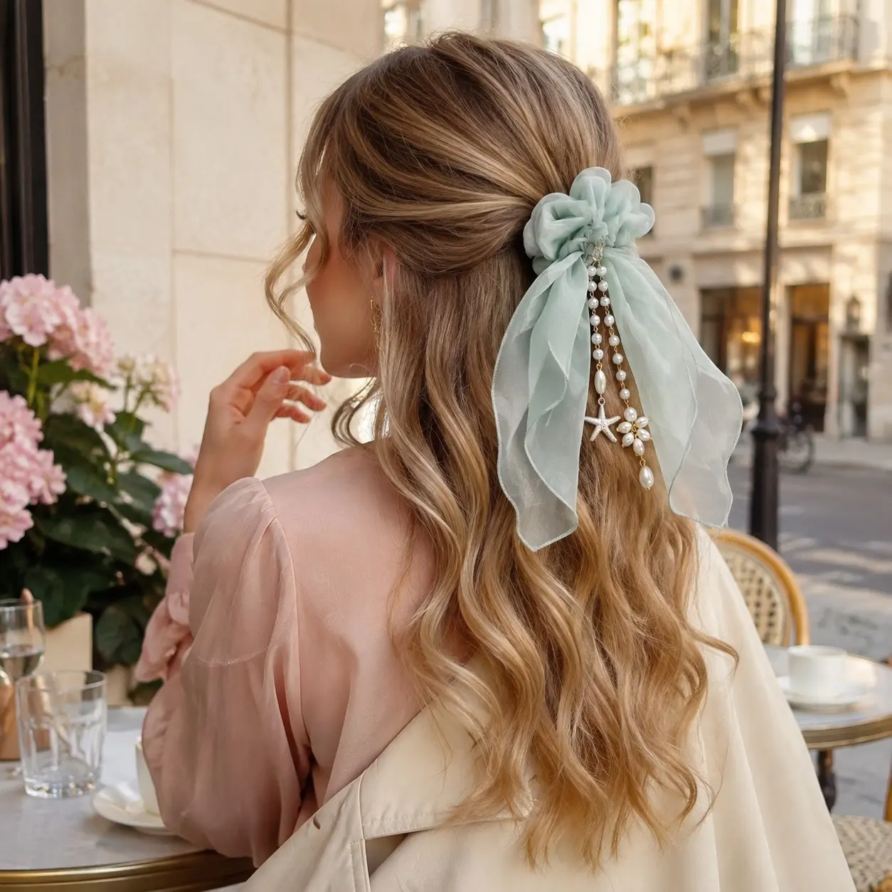 Elegant Mint Organza Scrunchie with Pearl Starfish Charms, Double-Layer Long Ribbon Tail Hair Tie, Romantic French Hair Accessory