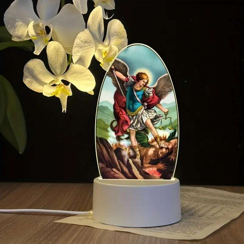 Saint Michael Archangel Decorative Lamp, Acrylic Night Light, Indoor Decorative Light, USB Powered LED Warm Tone, Modern Bedroom Lamp, Religious Gift, Christmas Present