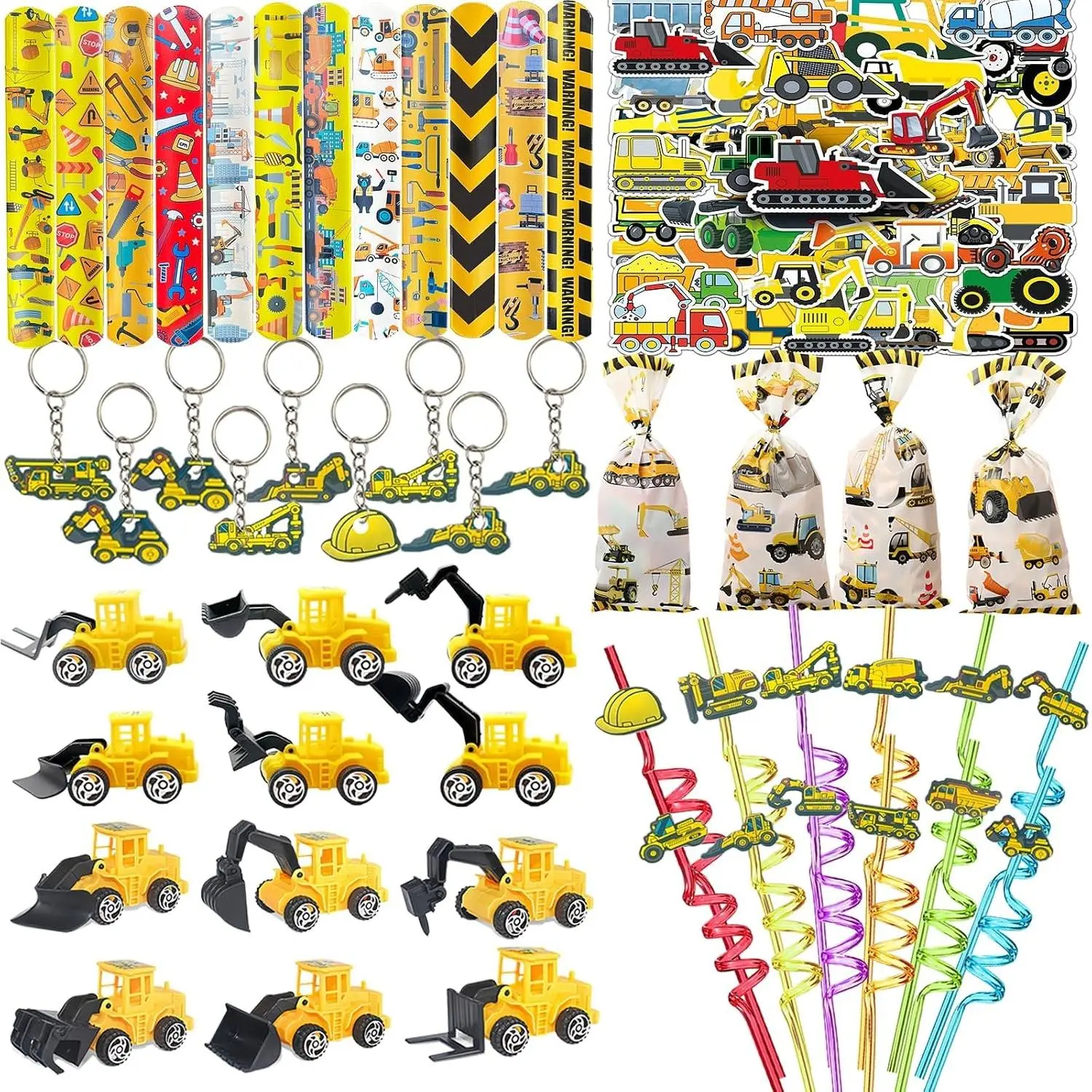 CHSLtmxq 122PCS Construction Party Favors Set with Truck Goodie Bags & Toys