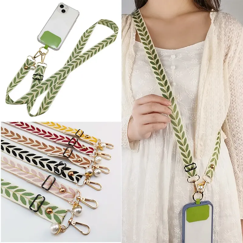 Patterned Phone Lanyard with Clasp and Pearl Decoration, Adjustable Crossbody Strap with Phone Pad, Universal Fit, Women's Fashion Accessory, Phone Accessories