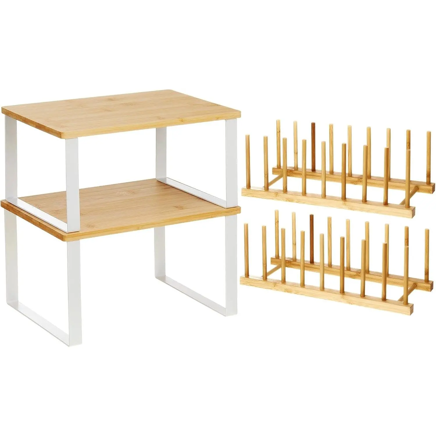 4 Pcs Kitchen Organizer Accessories Set Cabinet Organizer Shelf and Bamboo Dish Drying Plate Rack Counter Shelves Storage Holder for Spice Rack, Dish, Pot Lid, Bowl, Cup(Wooden Color)