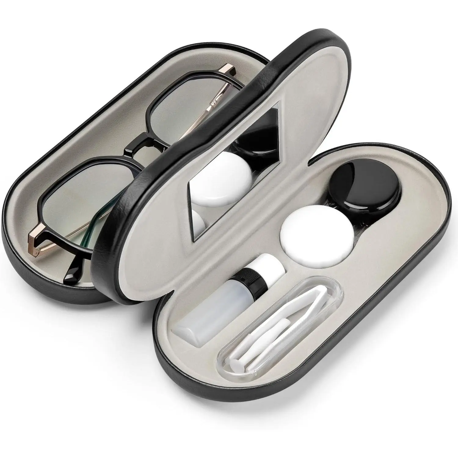 PU Leather 2-in-1 Eyeglasses & Contact Lens Case, Double-Sided Portable Holder with Built-in Mirror & Accessories Kit for Travel, Eyeglass Accessories, Polyurethane (Pu)