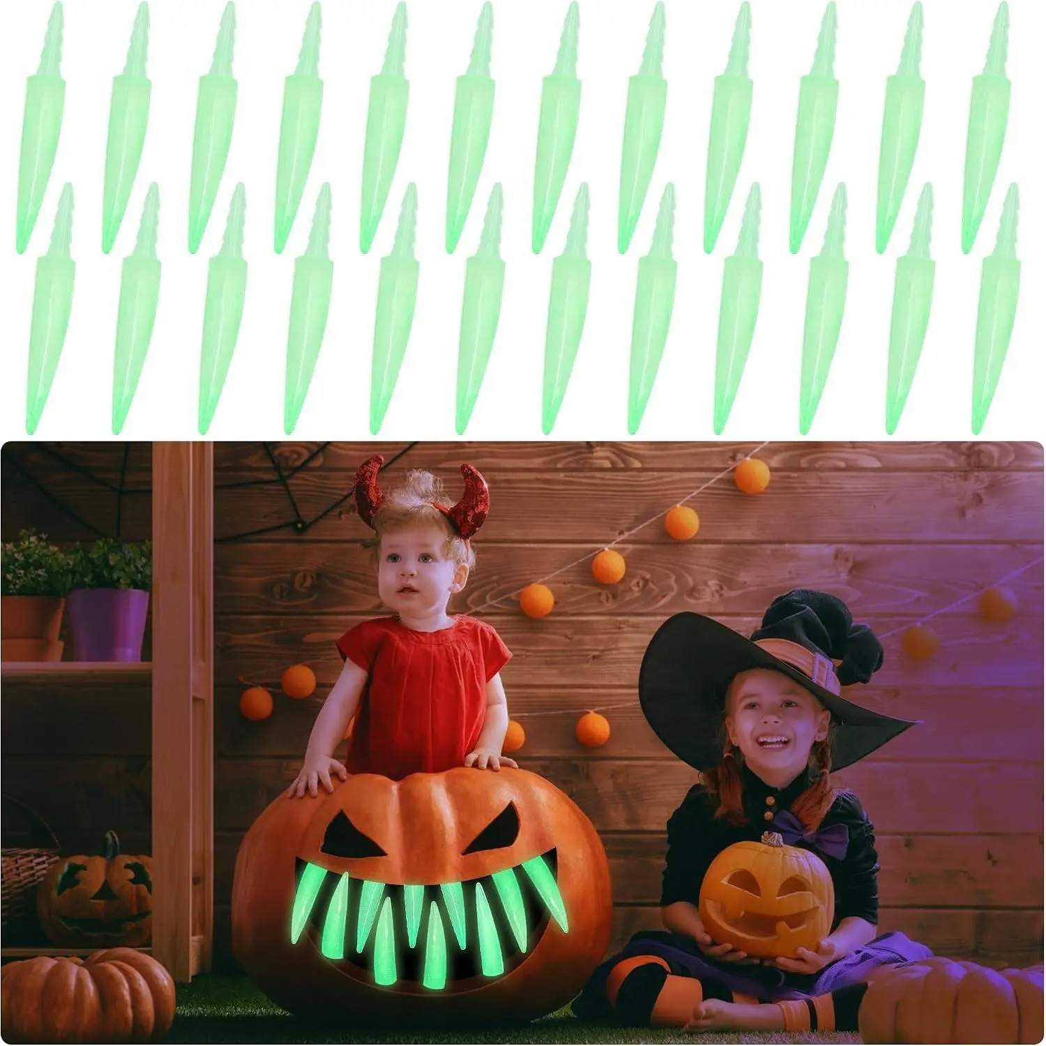 Tlswshsy 32 Pcs Halloween Glowing Pumpkin Teeth, Spooky Pumpkin Carved Fangs, Jack O Lantern Teeth for Halloween Party Carved Decorative Accessories School Handicraft DIY Activities