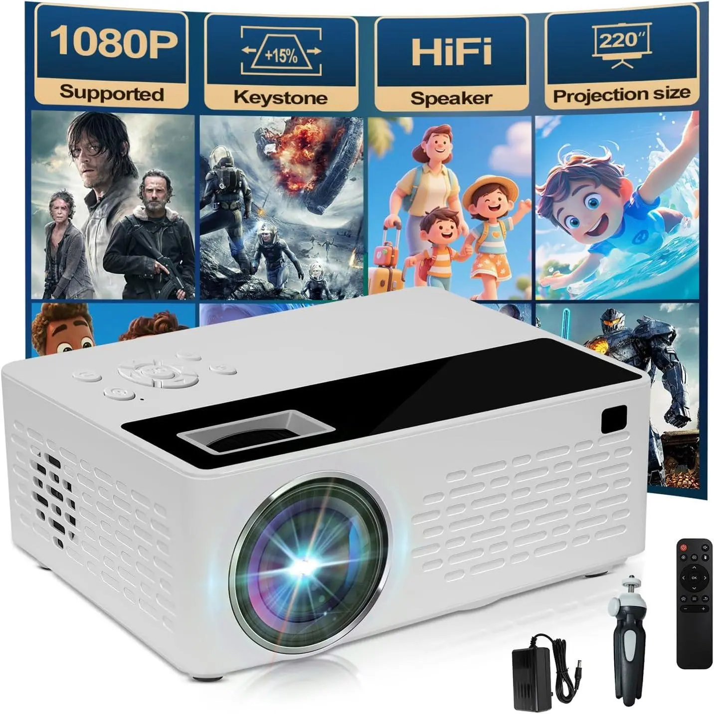Smart support for 4K projectors,Comes with a mini stand ,Mini Projector with Stereo Speaker,Full HD Portable Projector, Compatible with TV Stick Smartphone/ pc/USB (No Apps)