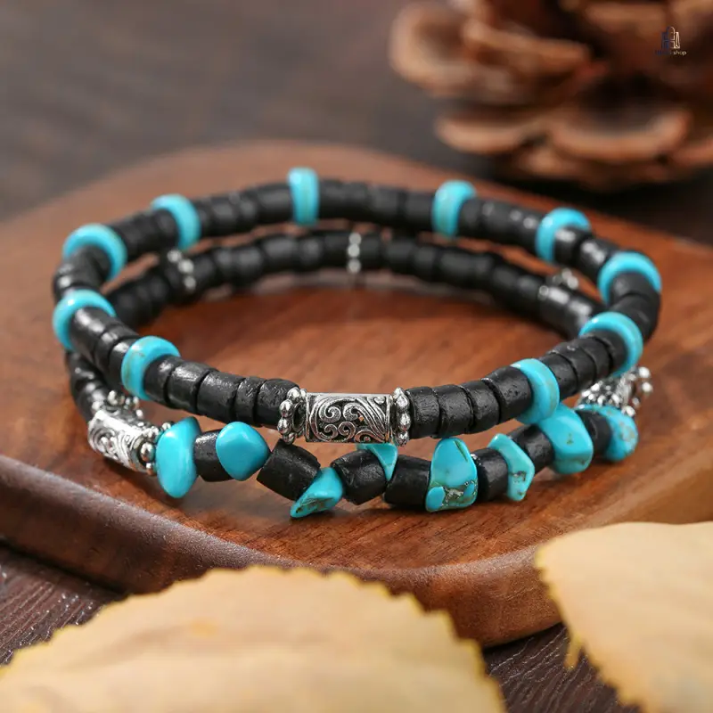 Elastic Bead Stack Bracelet Set, Unisex Multi-Layered Stretch Bands with Vintage Wood & Imitation Turquoise Beads, Hip Hop Look Casual Daily Jewelry Accessory, Unisex Wear