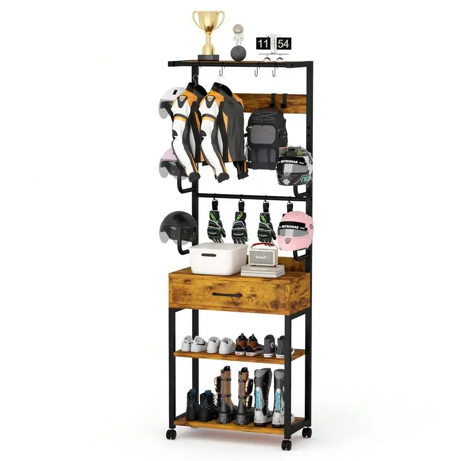 Freestanding Helmet Rack, All-In-One Helmet & Gear Storage Stand With Glove Clips, Hooks, Shoe Shelf, Drawer & Wheels Motorcycle, Cycling, Skiing Equipment