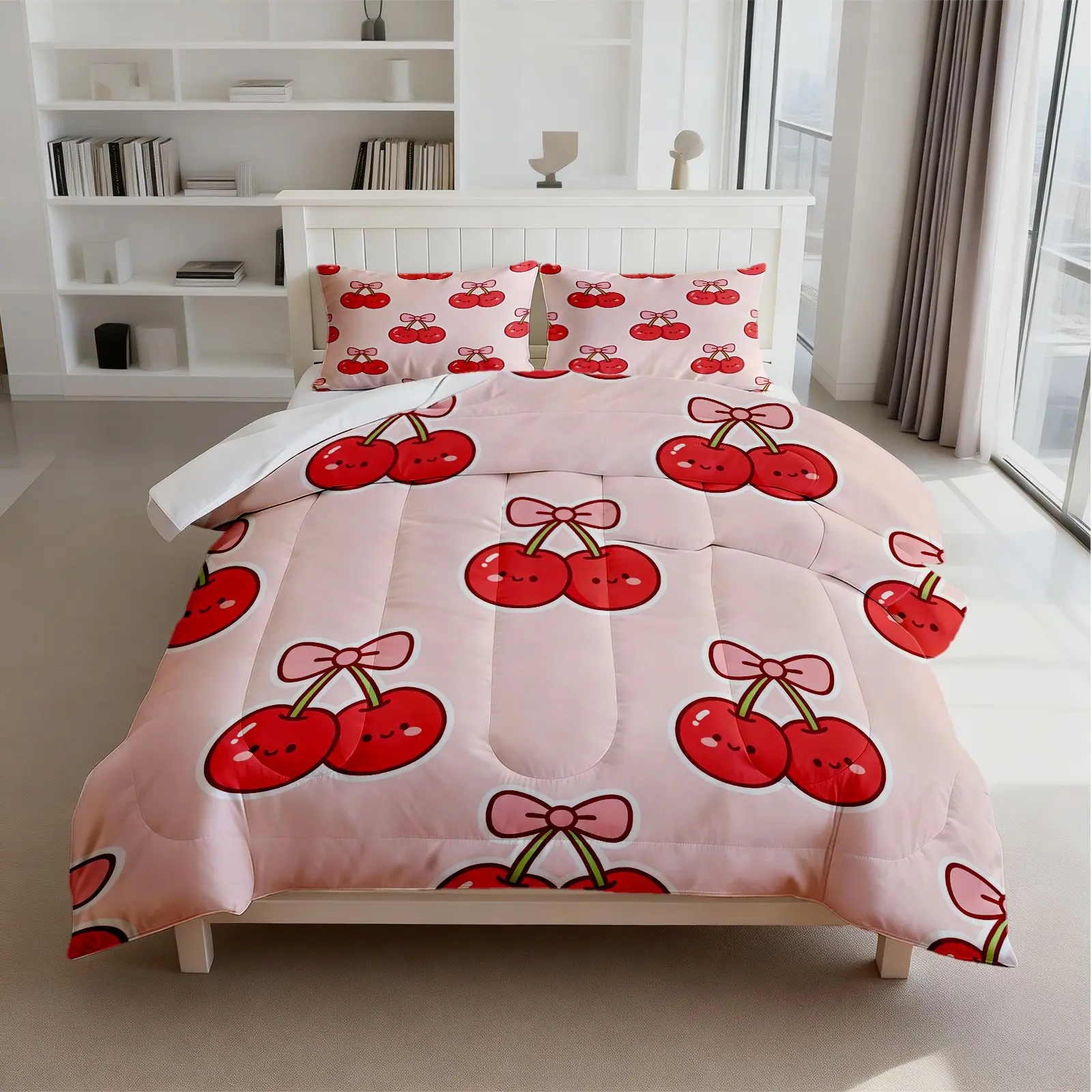 2/3PCS Cute Cartoon Bow Cherry, Ultra Soft Microfiber Fabric, Cozy Bedding Set, With Filler Without Pillow Insert, Ideal for Bedroom & Dorm Decor, Housewarming Birthday Christmas Gift