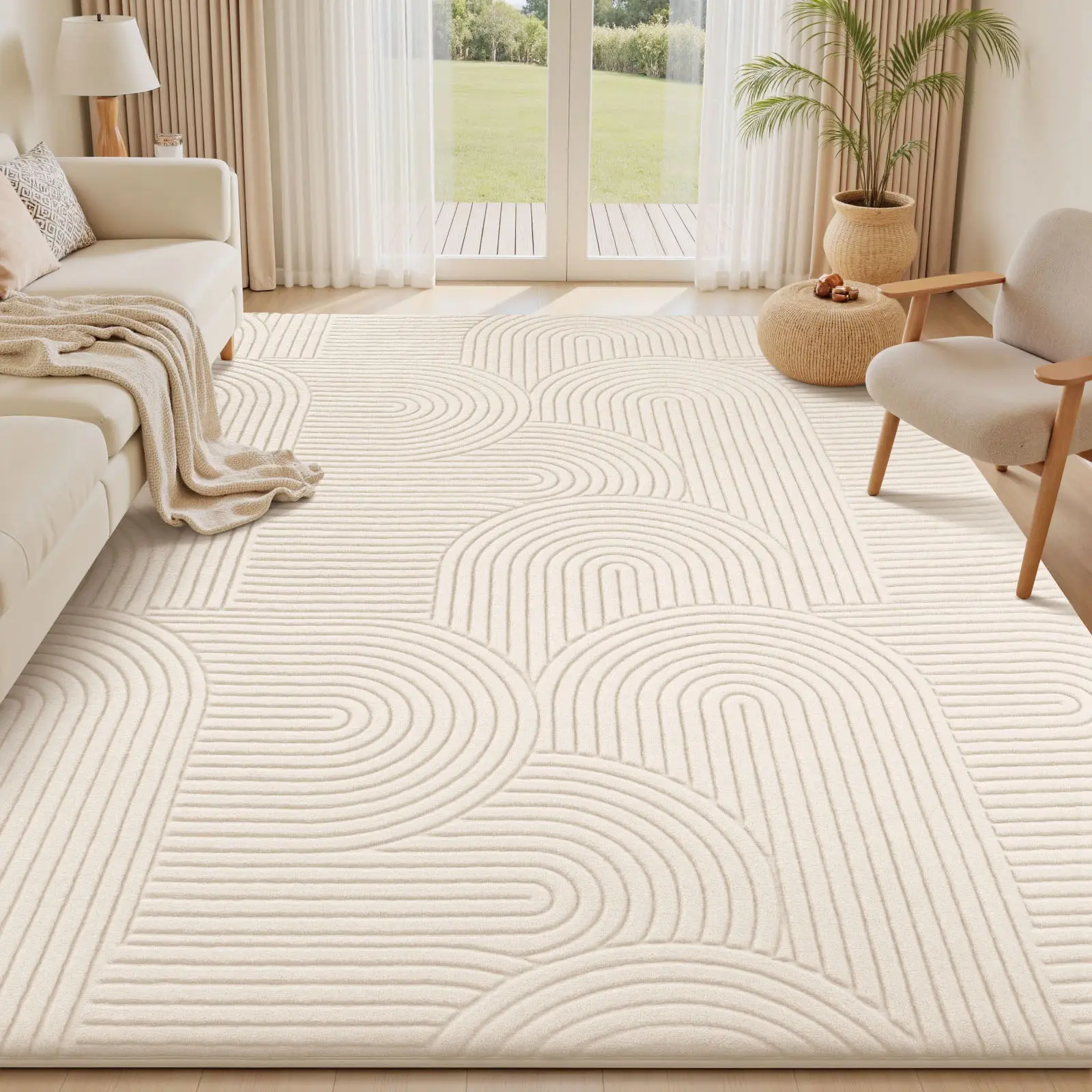 FAMVAL Large Unisex Area Rug - Soft, Non-Slip, Wrinkle-Resistant, Durable, Geometric Curved Line Jacquard Pattern - Pet & Kid Room Friendly Modern Textile for Living Room Bedroom