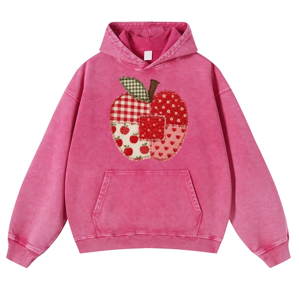 Patchwork Teacher Hoodie, Spring Teacher Teams Top, Back to School Apple Hoodie 380g Autumn VIntage Washed Hoodie Graphic Sweatshirt