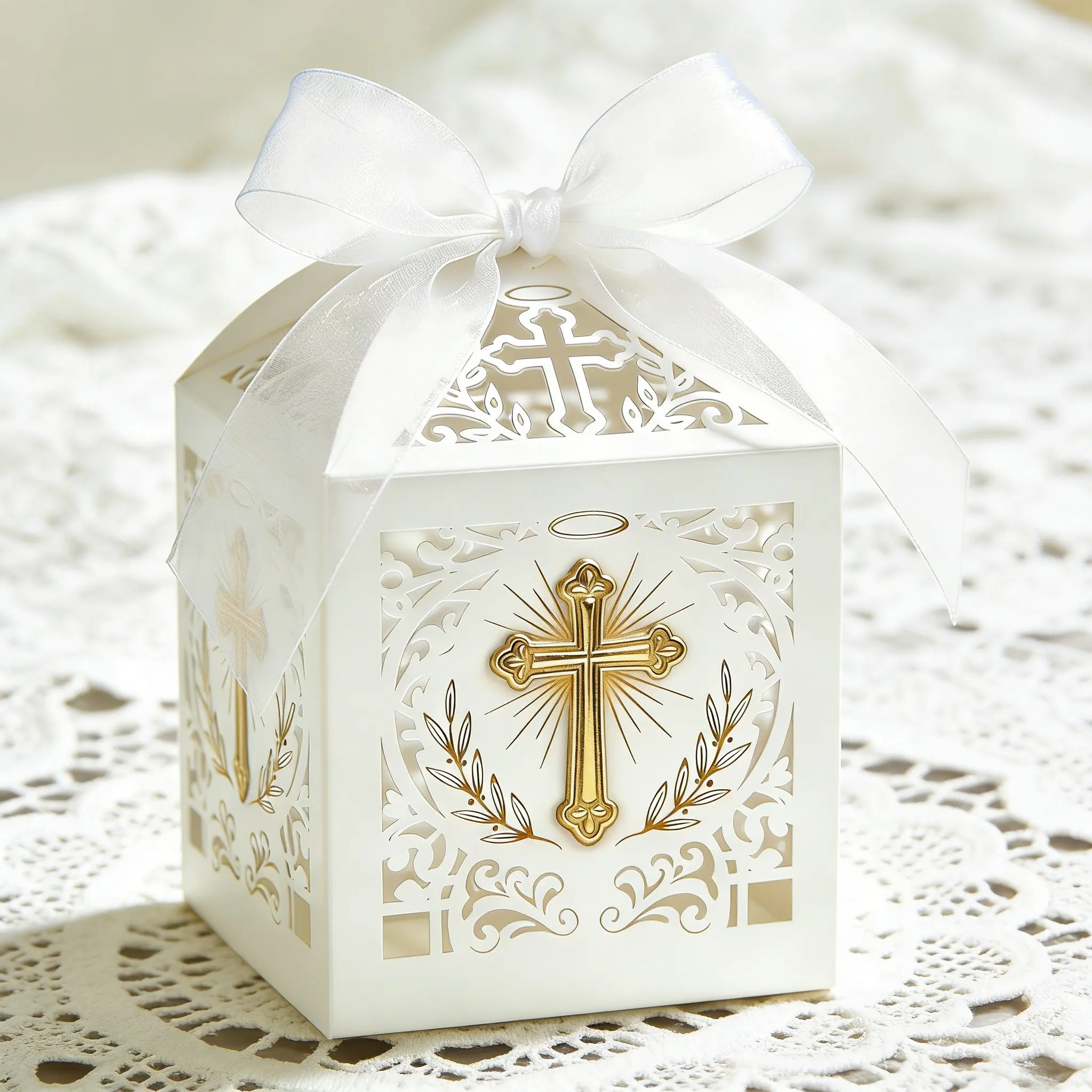 🕊️ Divine Radiant Cross Gift Boxes | Premium White & Gold Die-Cut Exquisite Gift Box Treat Holders for Church Weddings & Holy Events ✨ Stunning Party Souvenirs with Satin Bow 🤍 Deluxe Gift Box