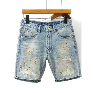 Men'S Light Blue Washed Colorful Paint Splatter Distressed Denim Shorts Casual Streetwear Light Blue Washed Denim Shorts for Men with Ripped, Frayed And Paint Splatter Details
