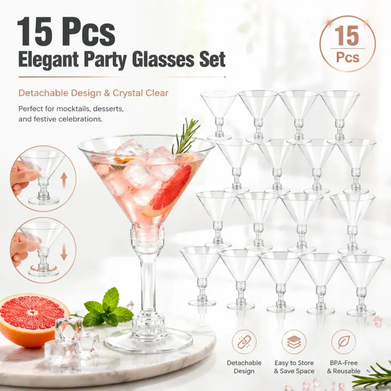 15Pcs Detachable Martini Glass Set - BPA-Free, Crystal Clear, Space-Saving Drinkware for Parties & Events